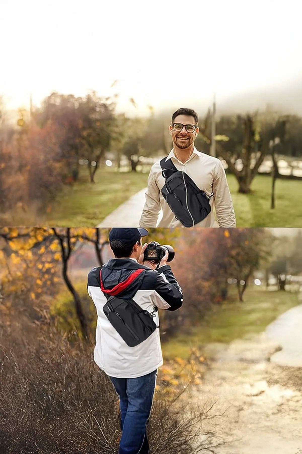 Su İtici Kumaş ve Fermuar Özellikli Siyah Çapraz Askılı Omuz ve Bel Çantası