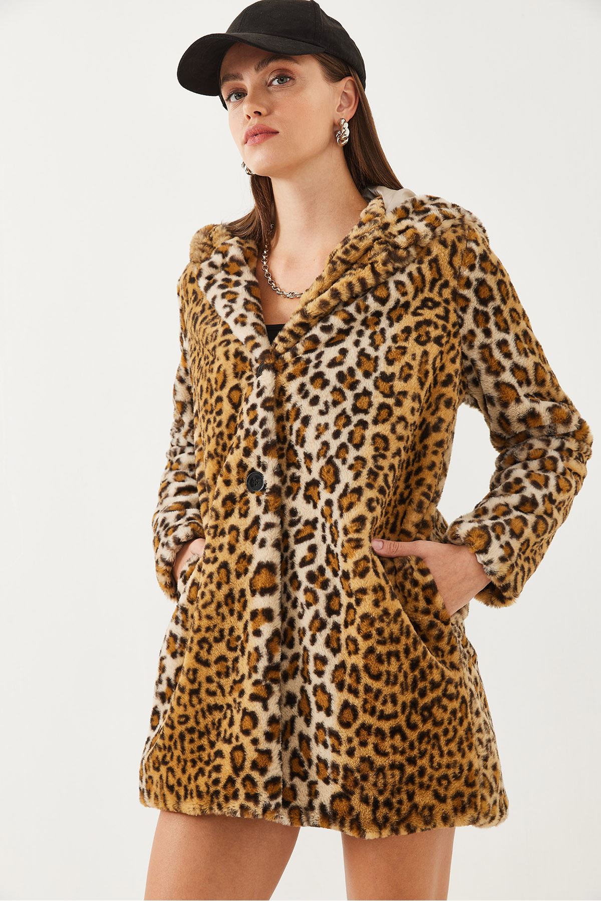 Kadın Kapüşonlu Leopar Desenli Kürk 2457 60251827