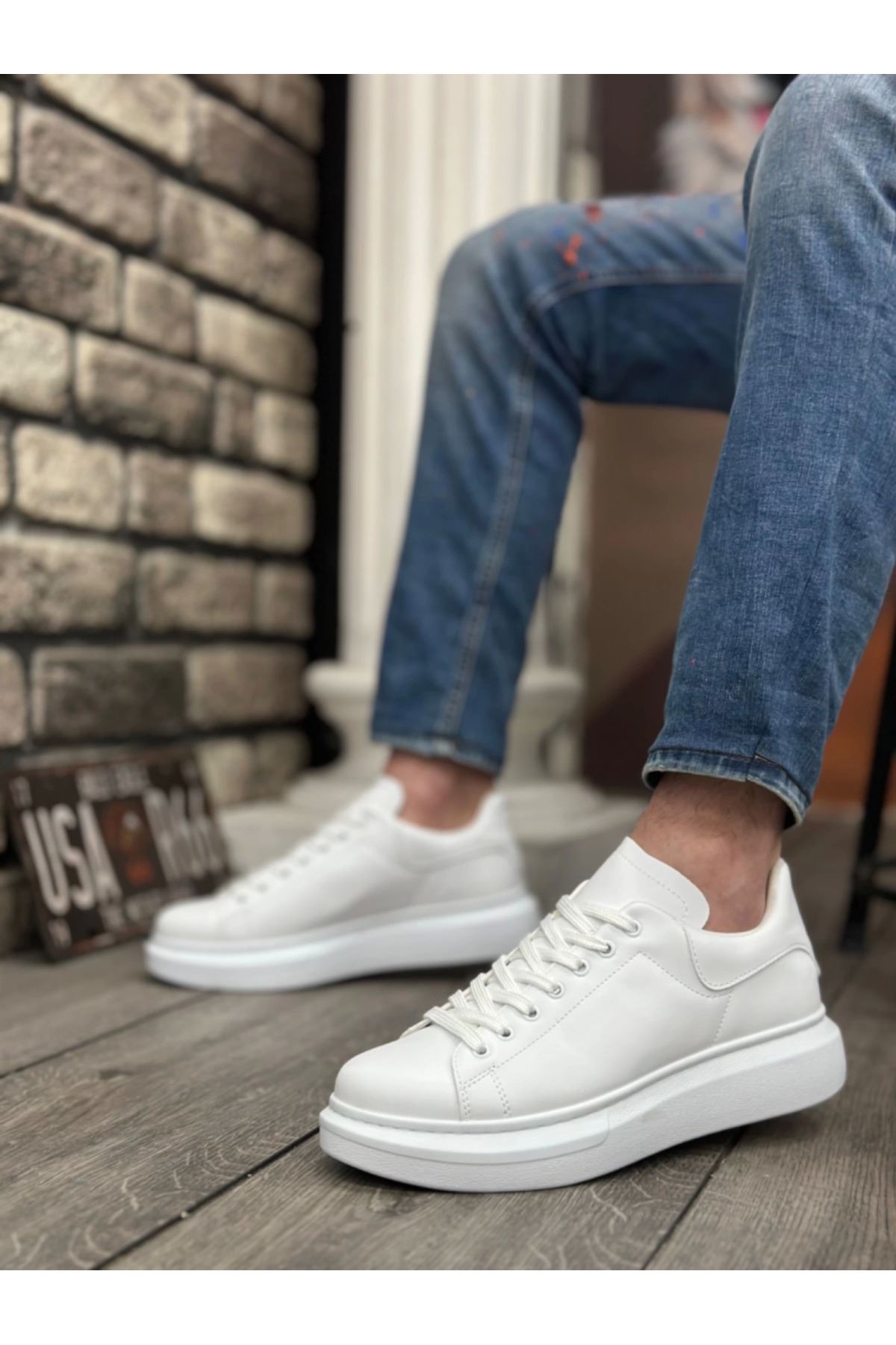 BA0547 BOA Kalın Yüksek Taban Beyaz Bağcıklı Spor Erkek Ayakkabı