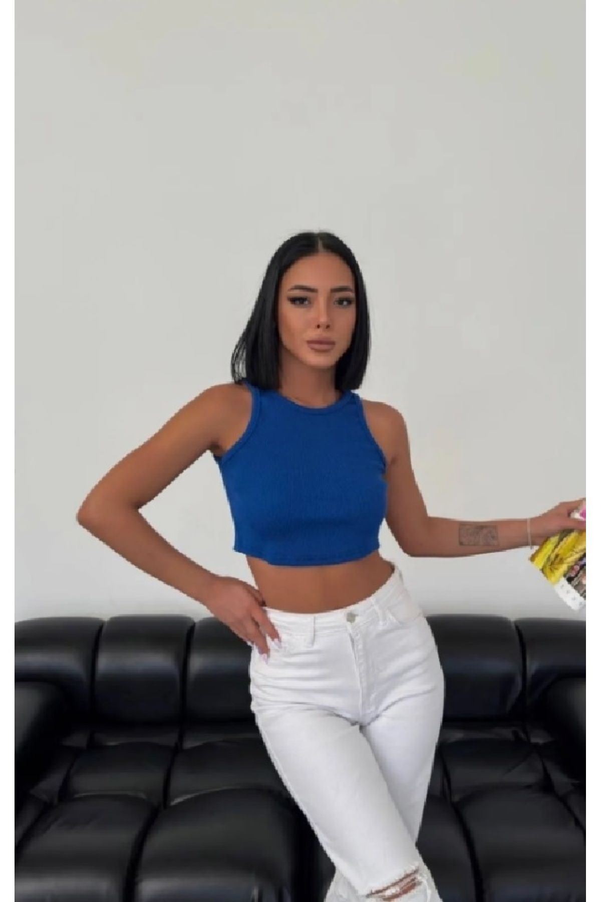 Solmayan Crop Top Esnek Fitilli Halter Yaka Atlet Slim Fit Saks Mavi