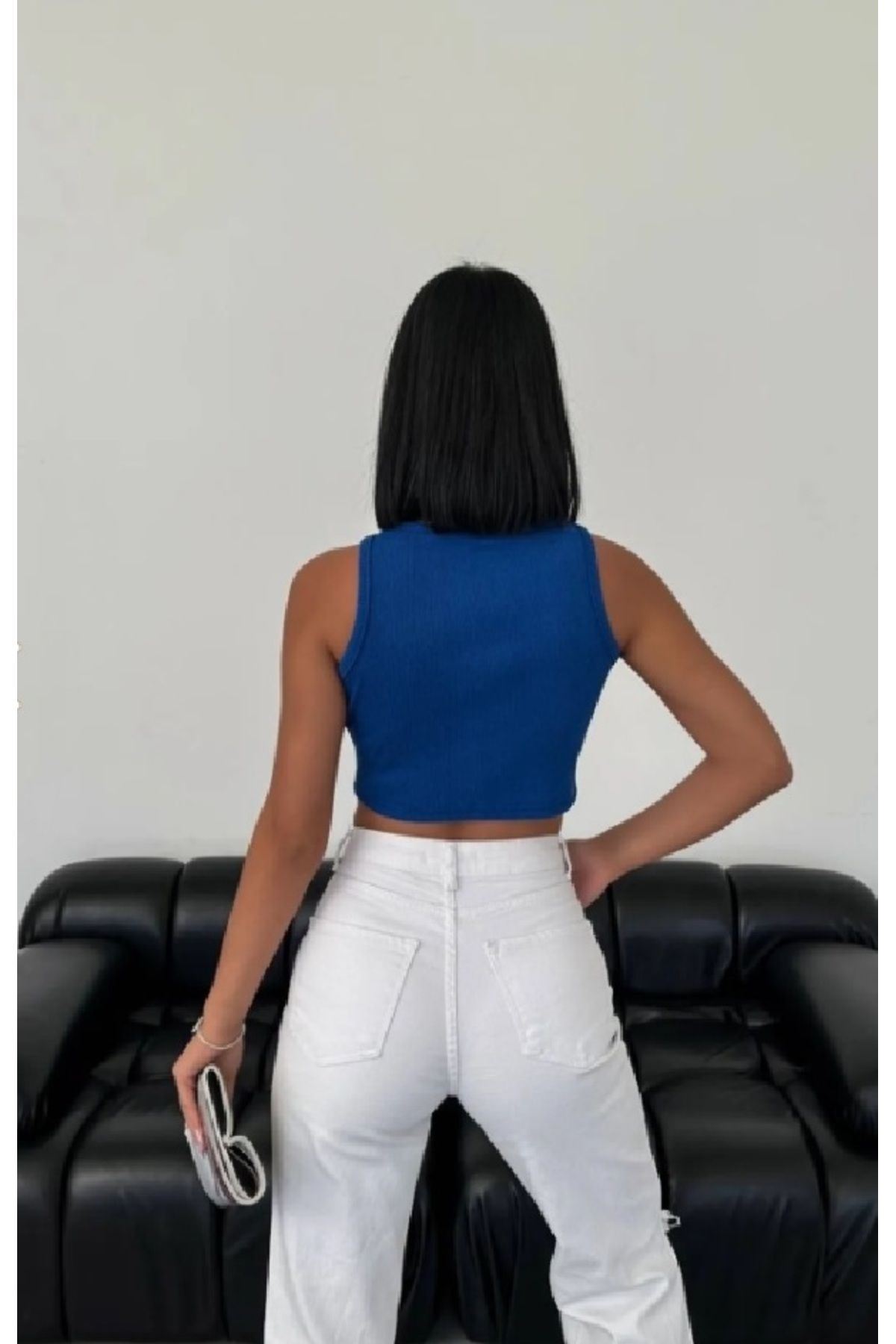 Solmayan Crop Top Esnek Fitilli Halter Yaka Atlet Slim Fit Saks Mavi