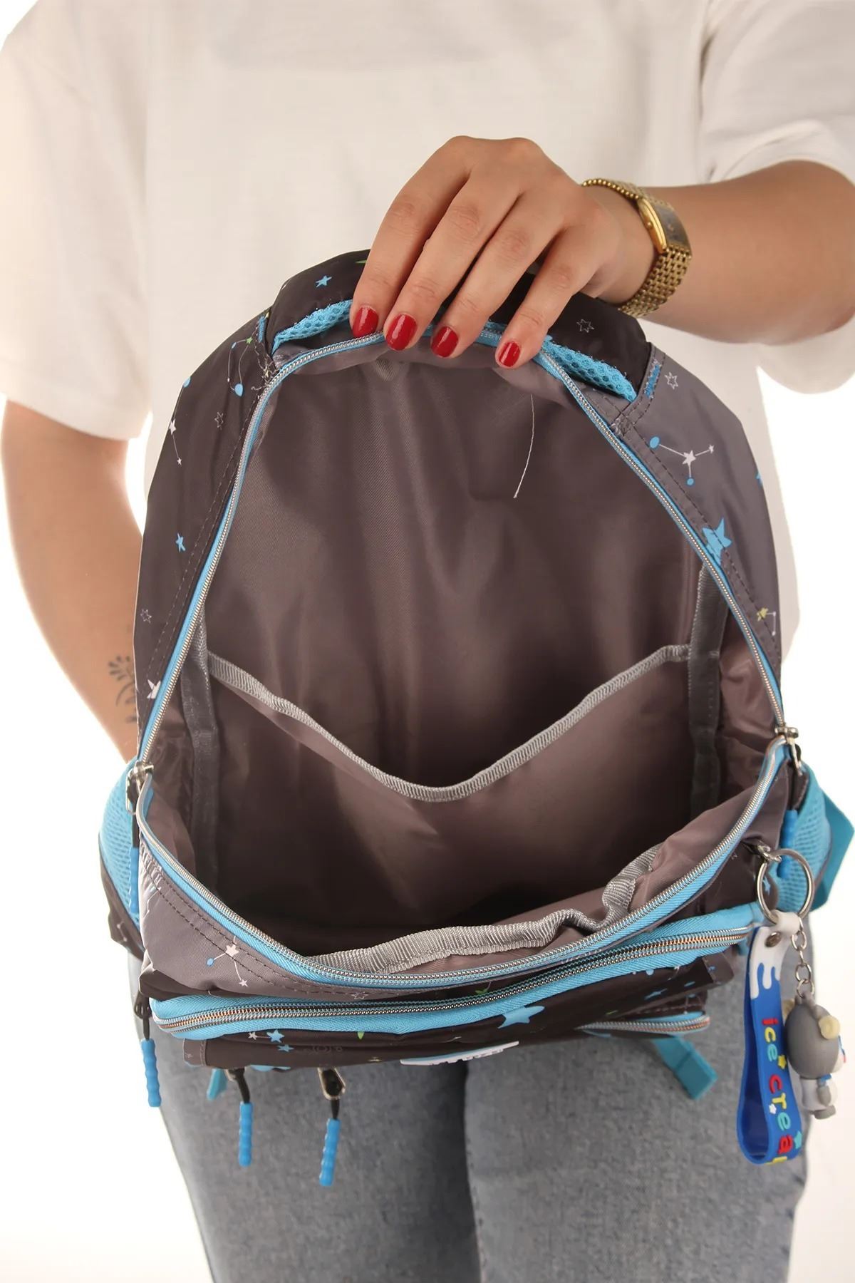 1390 3 lü Tam Ortopedik Renkli Desenli Okul Çanta Seti (Sırt Çantası + Beslenme Çantası + Kalemlik)