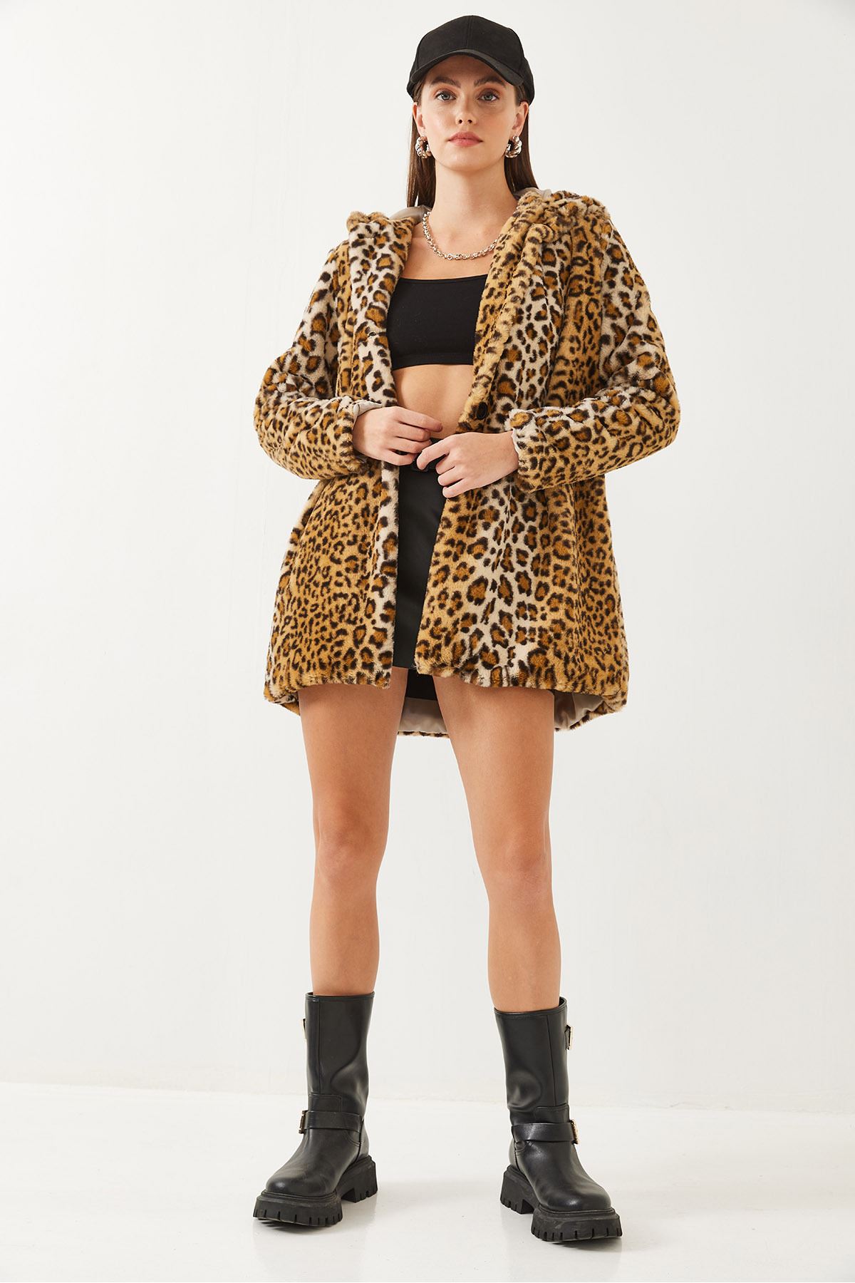 Kadın Kapüşonlu Leopar Desenli Kürk 2457 60251827