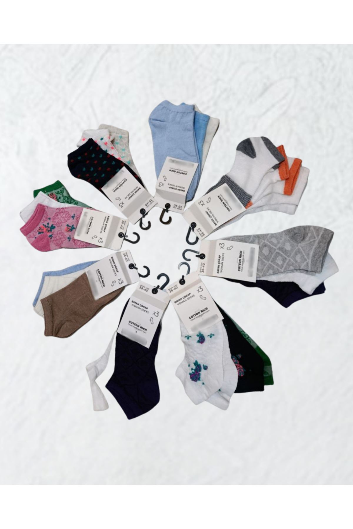 9 lu Kadın Kısa Bilek Çorap Seti – Pamuklu, Renkli & Desenli, Rahat ve Terletmeyen
