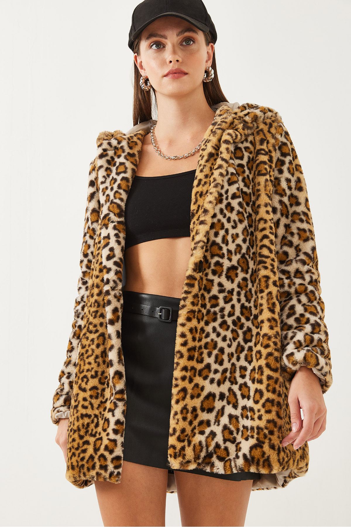 Kadın Kapüşonlu Leopar Desenli Kürk 2457 60251827