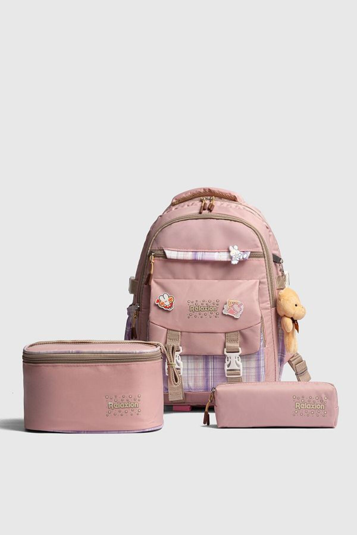 1396 3 lü Ortopedik Çok Gözlü Su Geçirmez Laptop Bölmeli Aksesuarlı Çocuk Okul Sırt Çanta