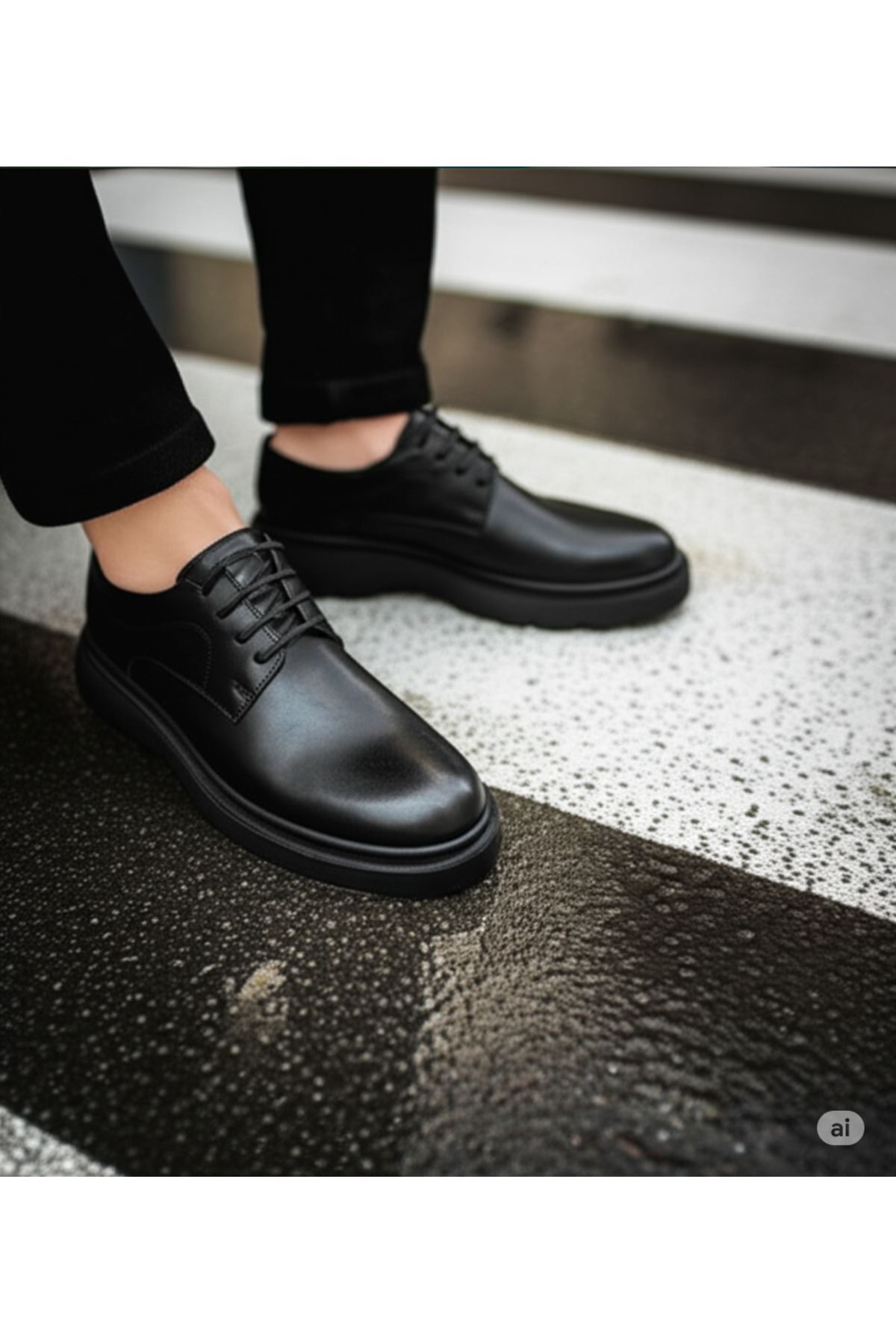 IMPERIA Erkek Siyah Hakiki Deri Klasik Ayakkabı | Kalın Tabanlı Bağcıklı Derby Model | Business Ofis
