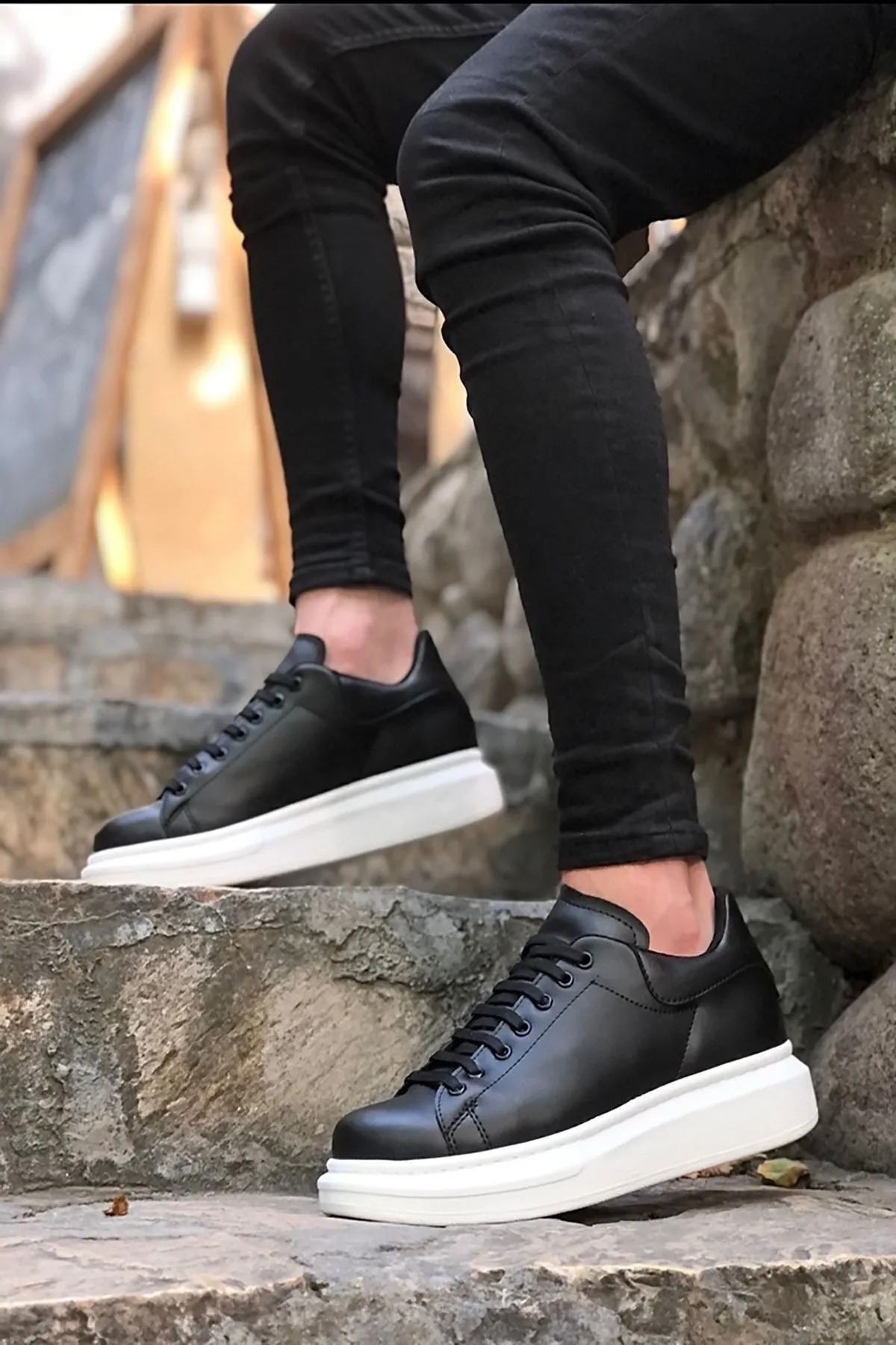 Kadın Erkek Unisex Bağcıklı Deri Yüksek Tabanlı Rahat Günlük Spor Ayakkabı Sneaker