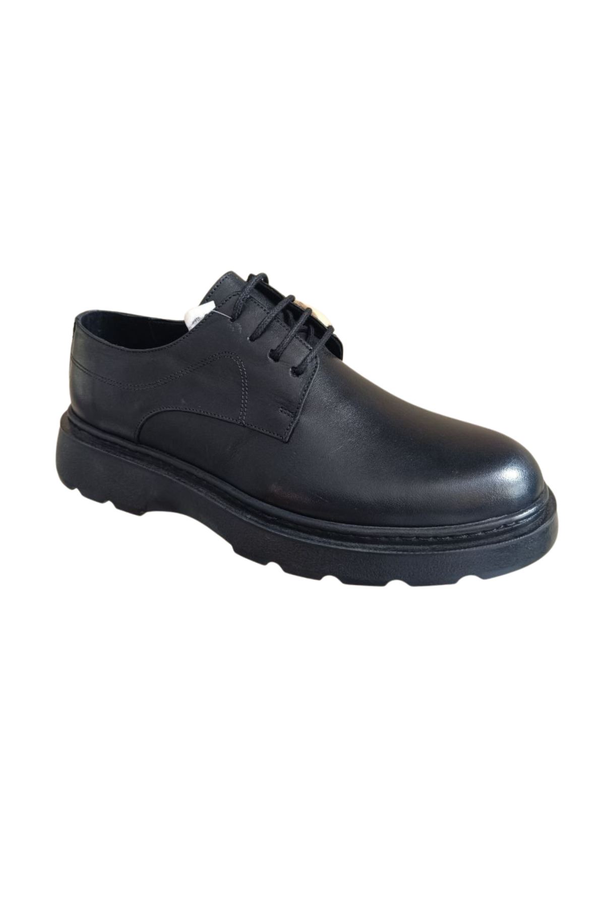 IMPERIA Erkek Siyah Hakiki Deri Klasik Ayakkabı | Kalın Tabanlı Bağcıklı Derby Model | Business Ofis