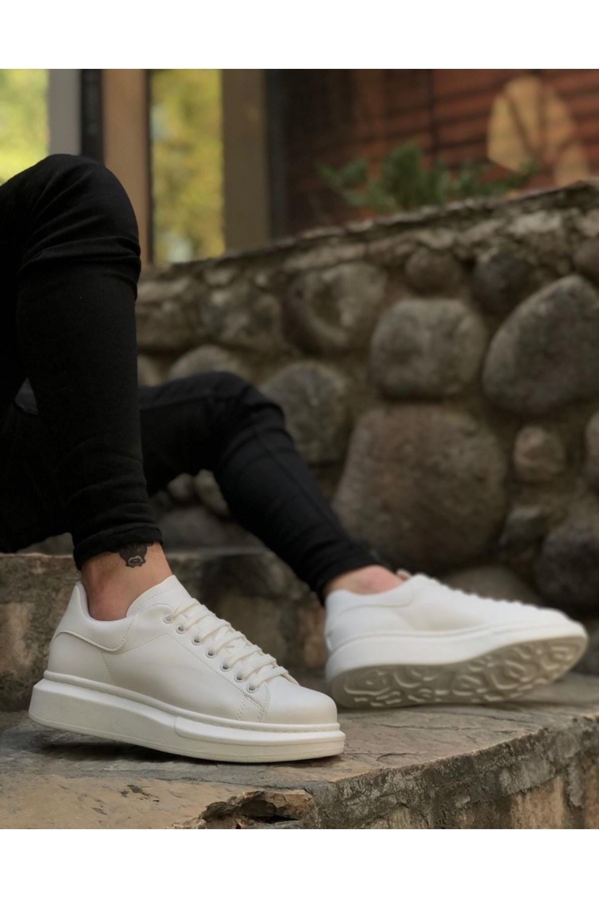 Kalın Yüksek Taban Beyaz Bağcıklı Spor Erkek Ayakkabı