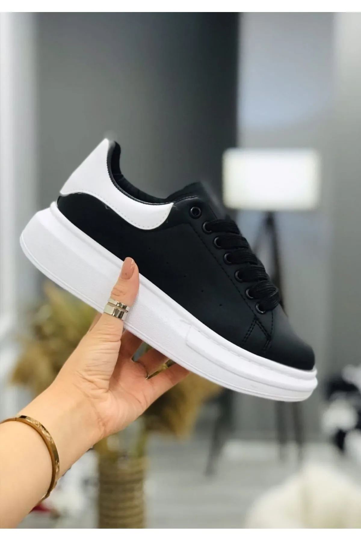 Kadın Erkek Unisex Bağcıklı Deri Yüksek Tabanlı Rahat Günlük Spor Ayakkabı Sneaker