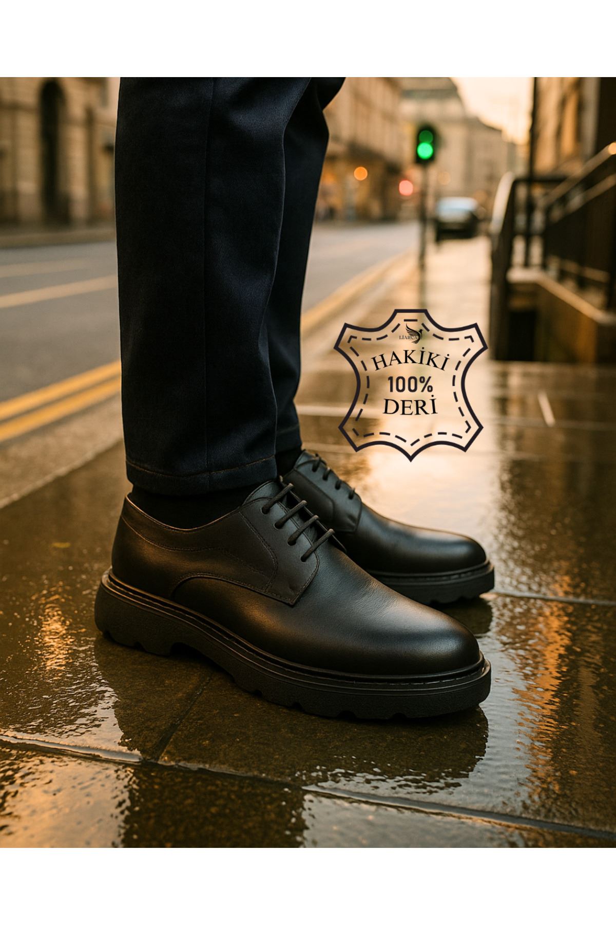 IMPERIA Erkek Siyah Hakiki Deri Klasik Ayakkabı | Kalın Tabanlı Bağcıklı Derby Model | Business Ofis