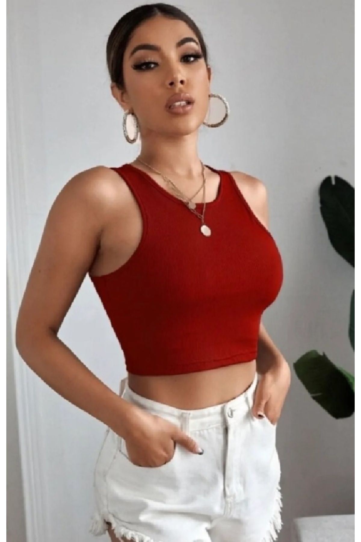 Solmayan Crop Top Esnek Fitilli Halter Yaka Atlet Slim Fit Bordo