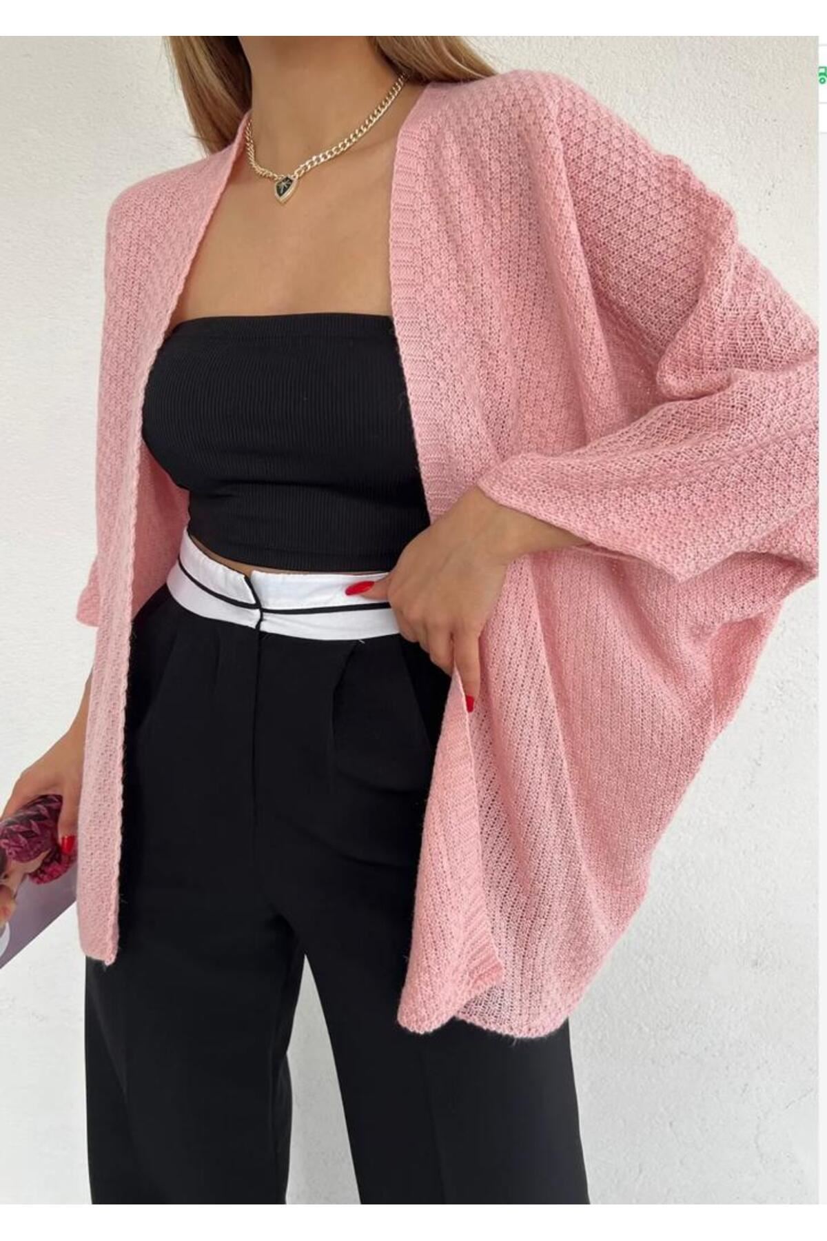 Kadın Yarasa Ince Yazlık Salaş Hırka Pudra