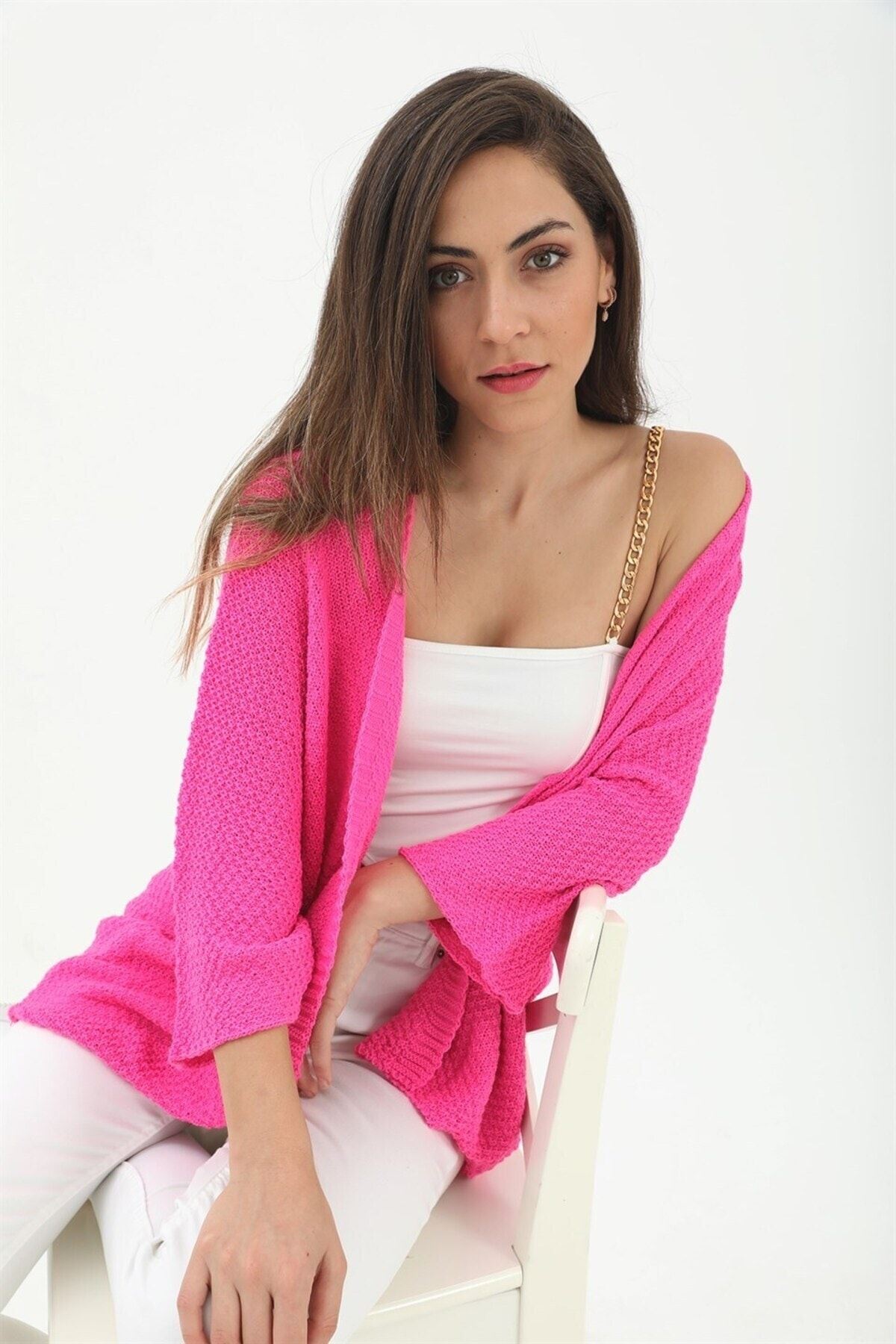 Yarasa Kol Kadın Hırka  Fuşya