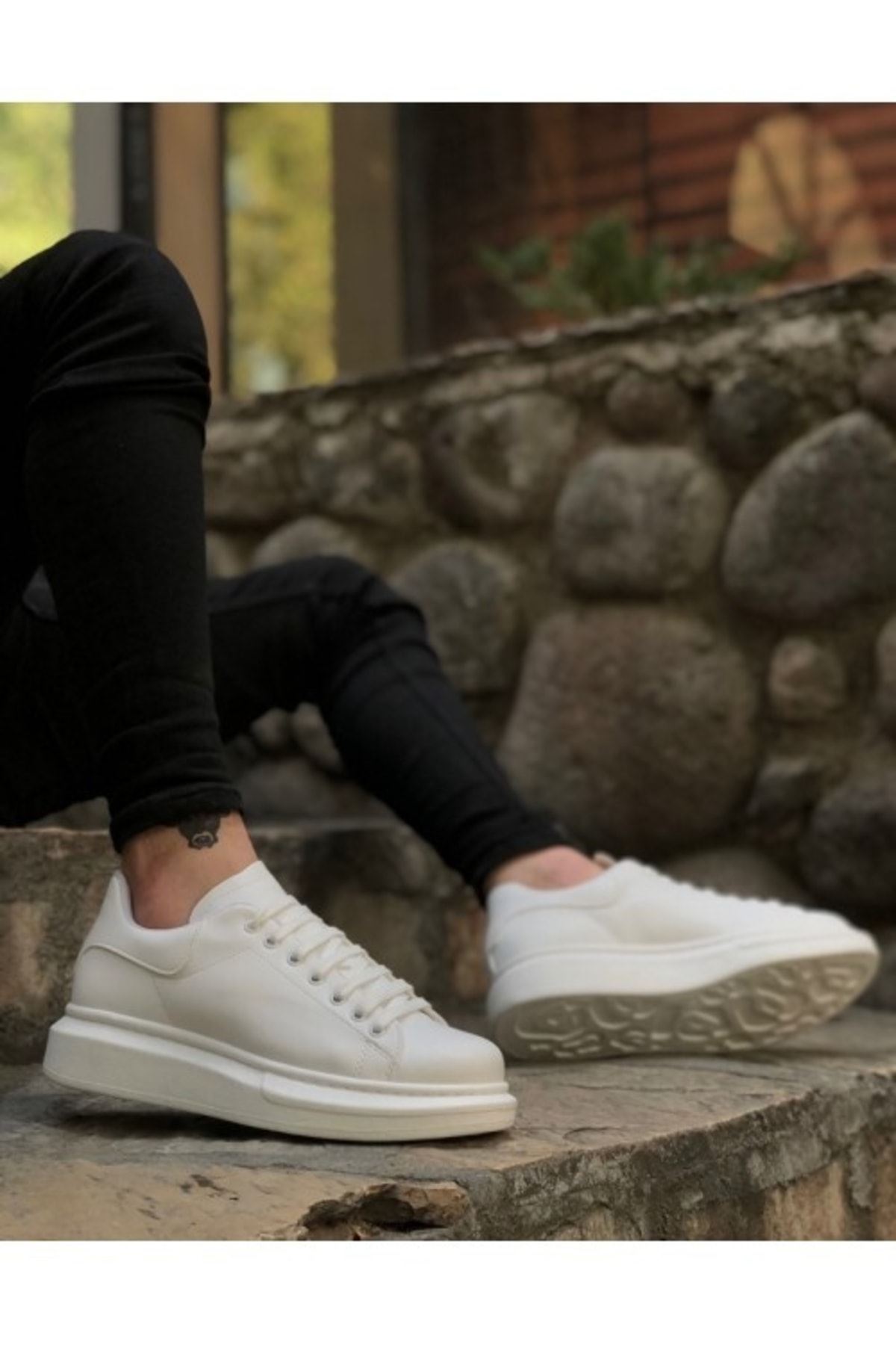 547 Kalın Yüksek Taban Beyaz Bağcıklı Spor Erkek Ayakkabı