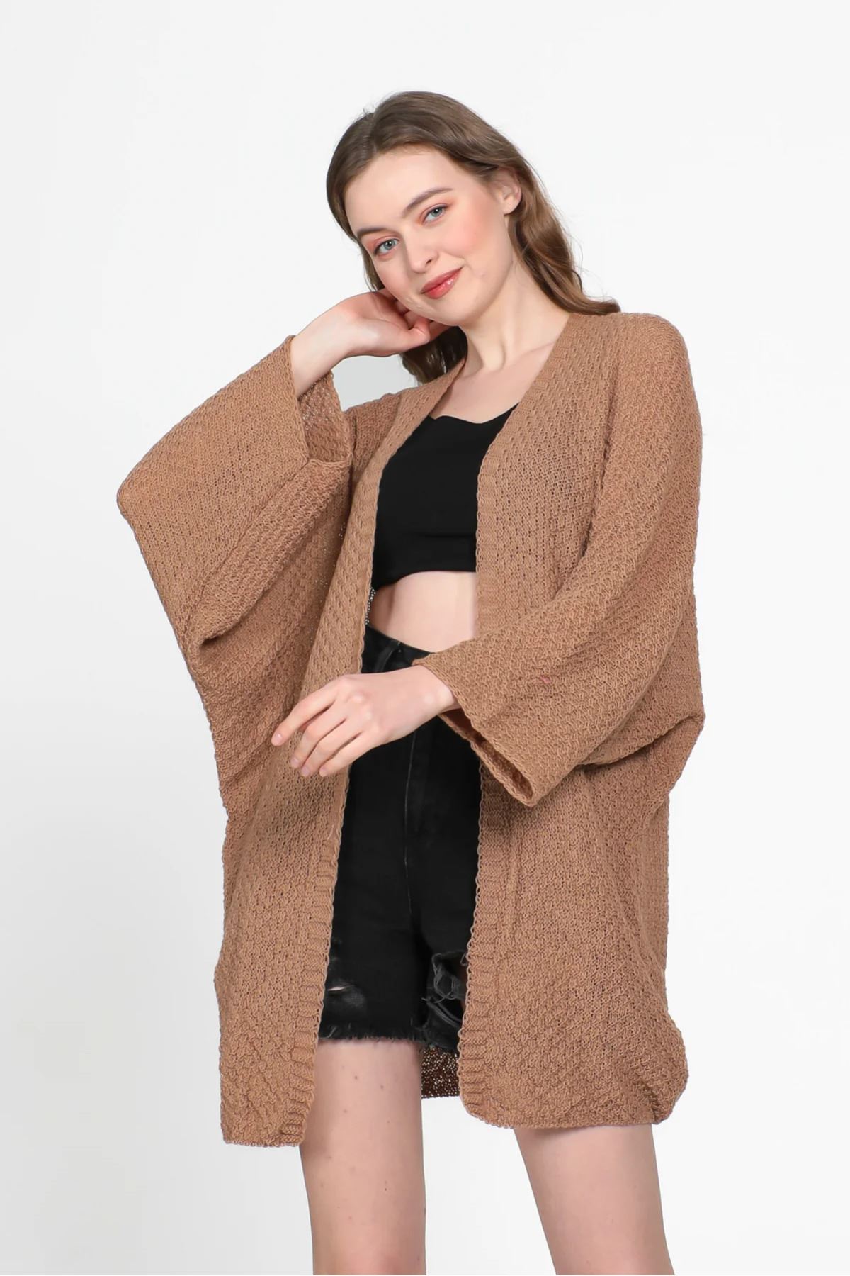Yarasa Kol Mevsimlik Hırka Camel