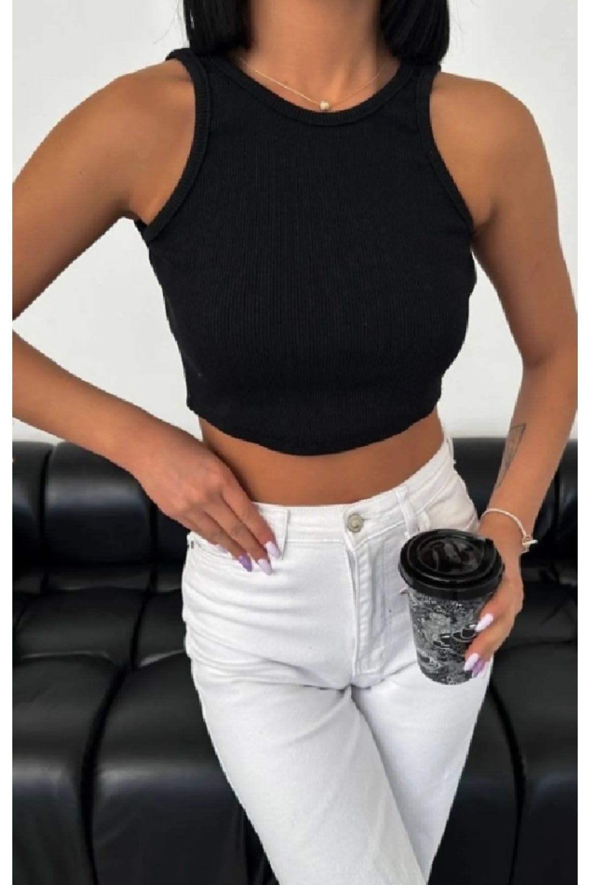 Solmayan Crop Top Esnek Fitilli Halter Yaka Atlet Slim Fit Siyah