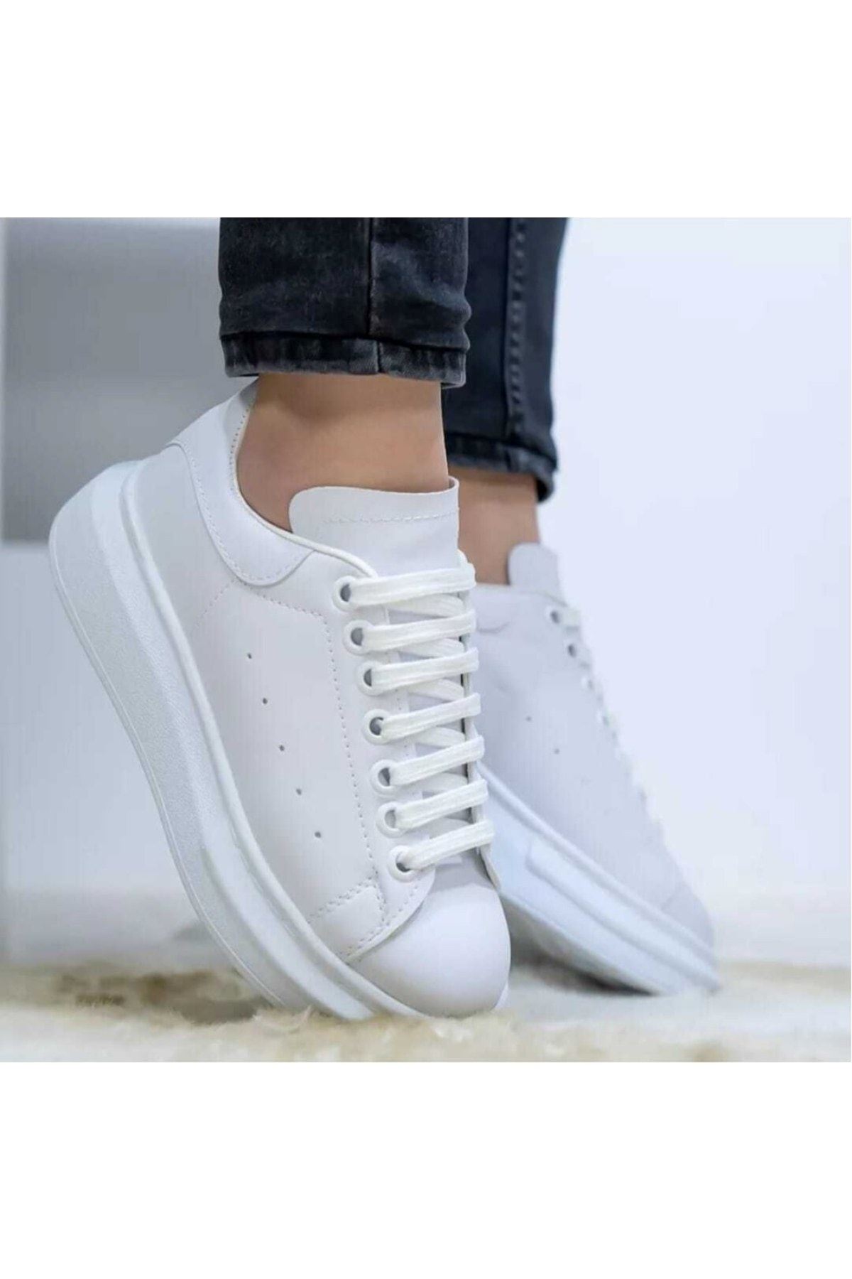 Beyaz - Günlük Spor Ayakkabı Bağcıklı Yüksek Tabanlı Klasik Erkek Sneaker