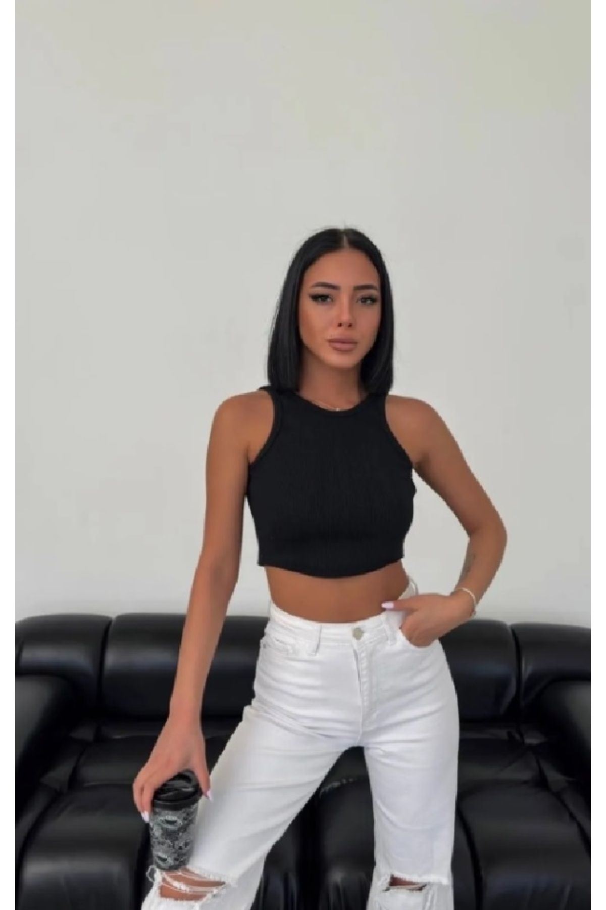 Solmayan Crop Top Esnek Fitilli Halter Yaka Atlet Slim Fit Siyah