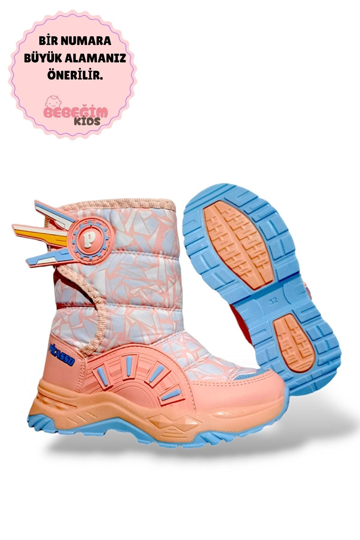 Kız Çocuk Paraşüt Kumaş Çizme Bot Pudra BuzBeyaz Yünlü Cırt Cırtlı Kaymaz Taban Su geçirmez Kar Botu