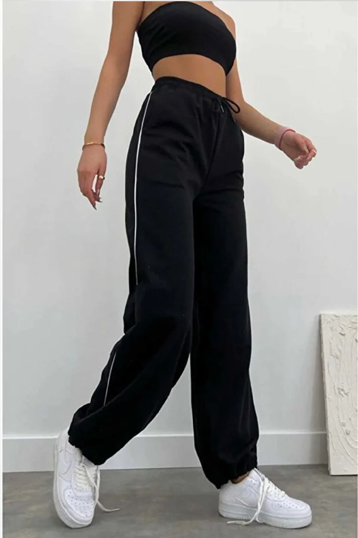 Kadın Tenis Eşofman Altı Bol Zip Biye Yan Siyah