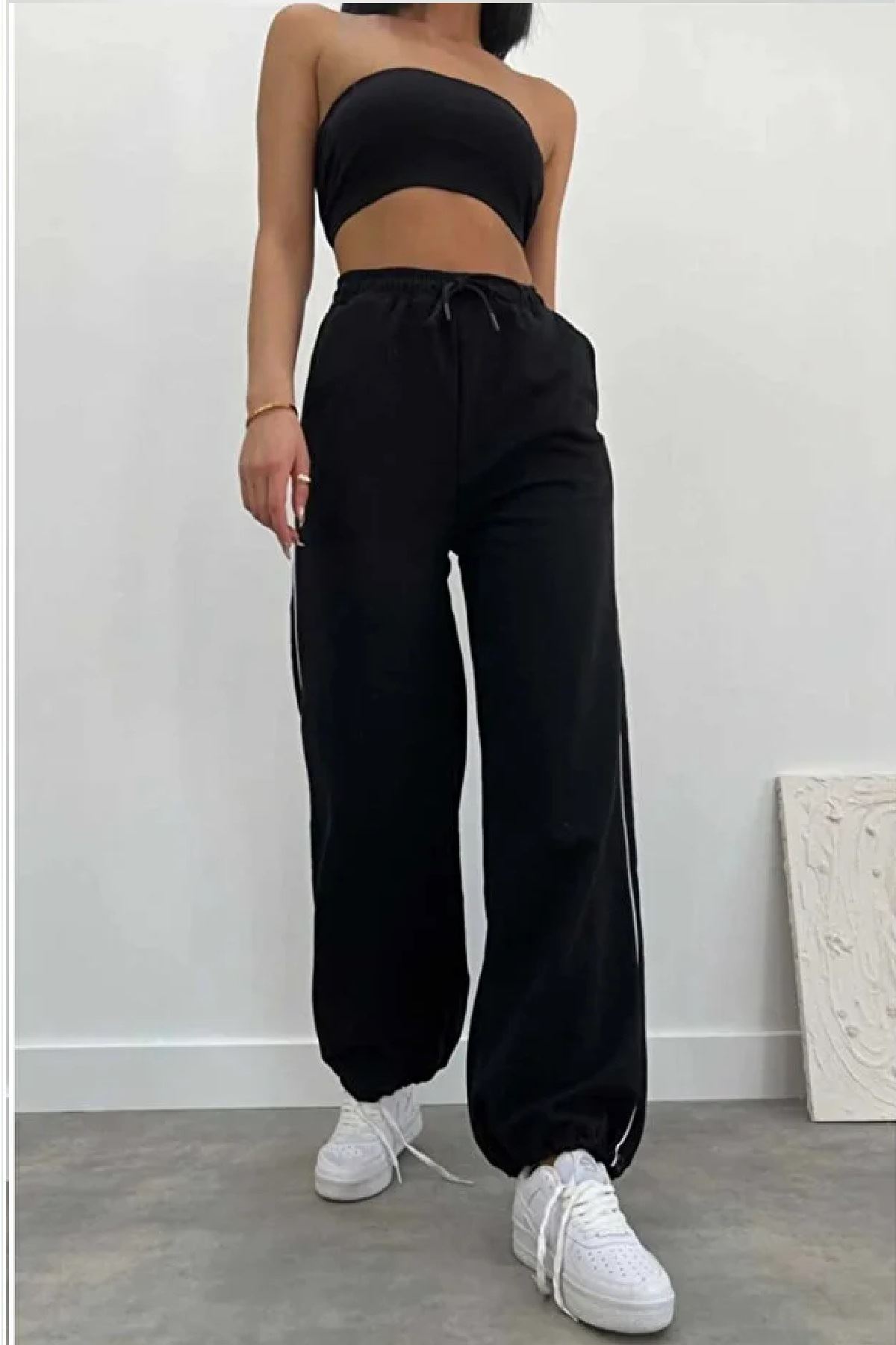 Kadın Tenis Eşofman Altı Bol Zip Biye Yan Siyah