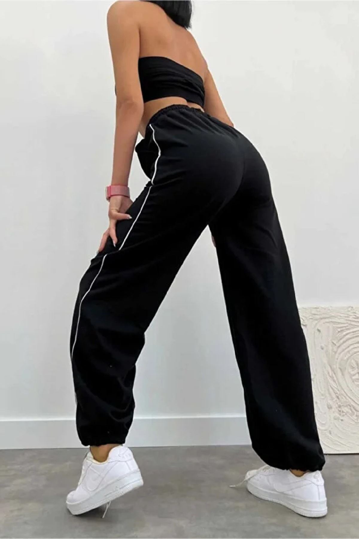 Kadın Tenis Eşofman Altı Bol Zip Biye Yan Siyah