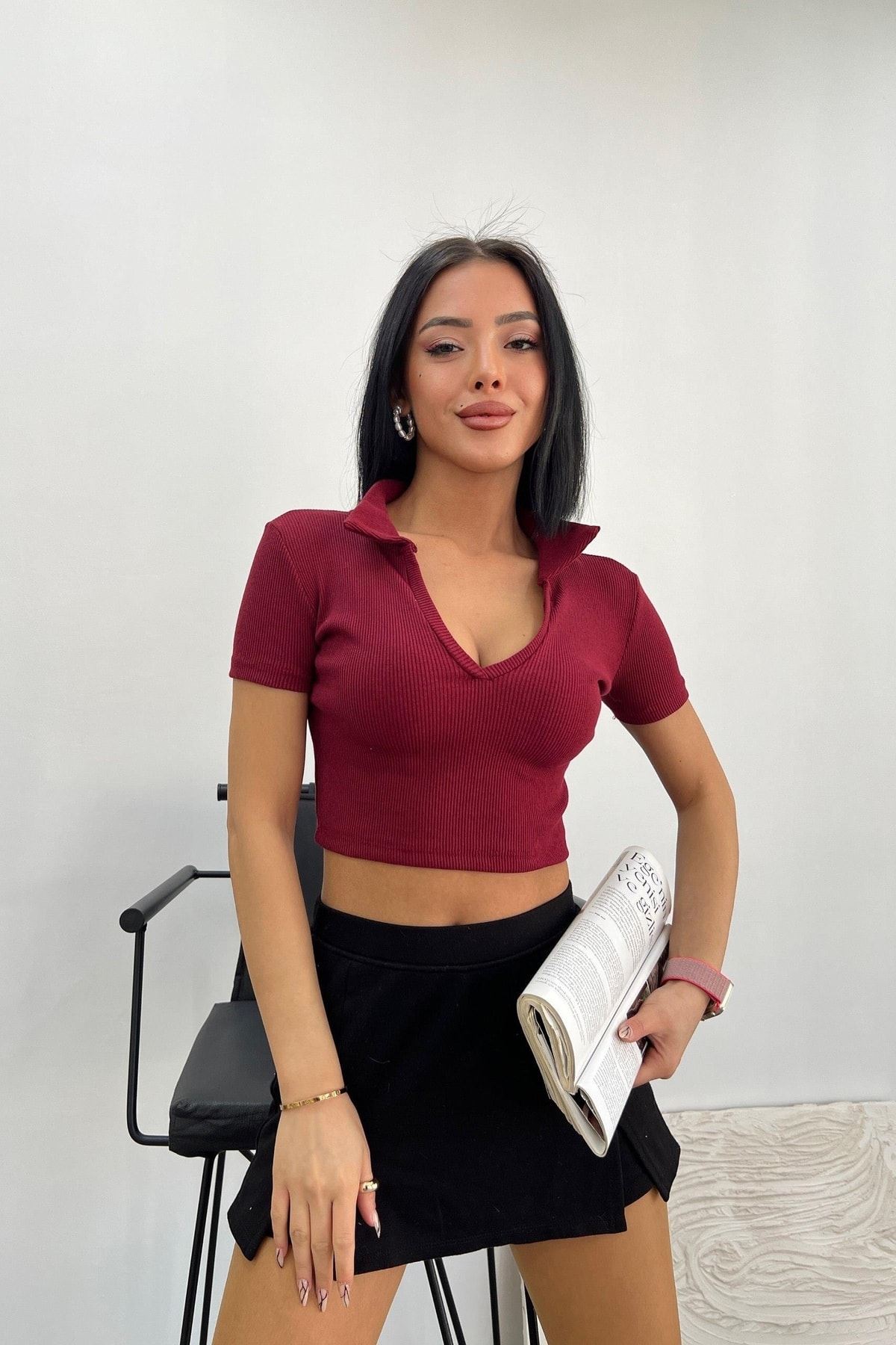 Üst Kalite 24/1 Kaşkorse %85 Pamuk Polo Yaka Crop Bluz