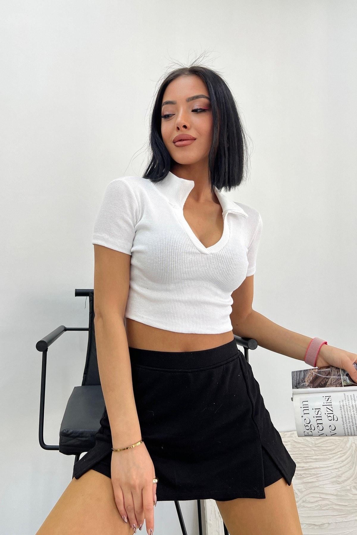 Üst Kalite 24/1 Kaşkorse %85 Pamuk Polo Yaka Crop Bluz