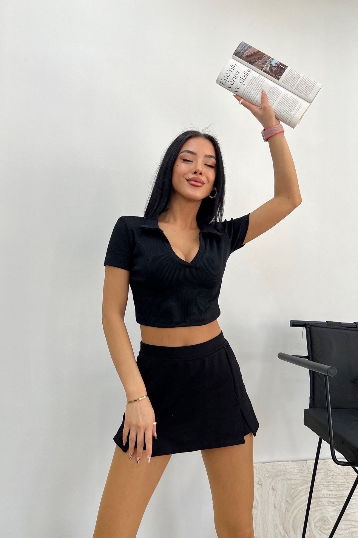 Üst Kalite 24/1 Kaşkorse %85 Pamuk Polo Yaka Crop Bluz