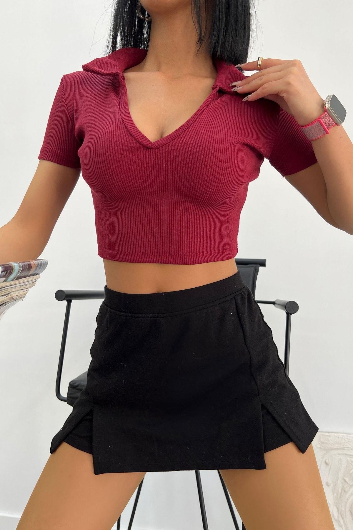 Üst Kalite 24/1 Kaşkorse %85 Pamuk Polo Yaka Crop Bluz