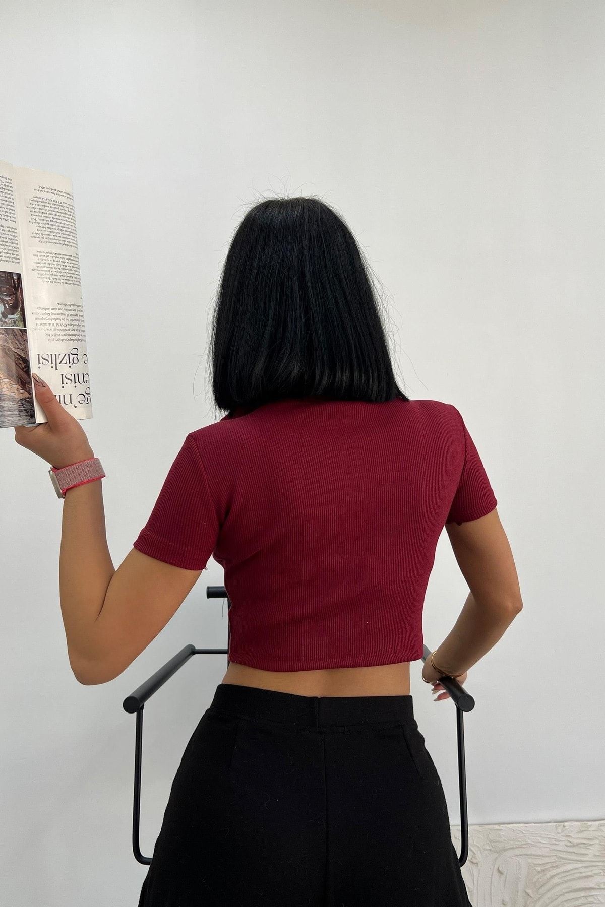 Üst Kalite 24/1 Kaşkorse %85 Pamuk Polo Yaka Crop Bluz