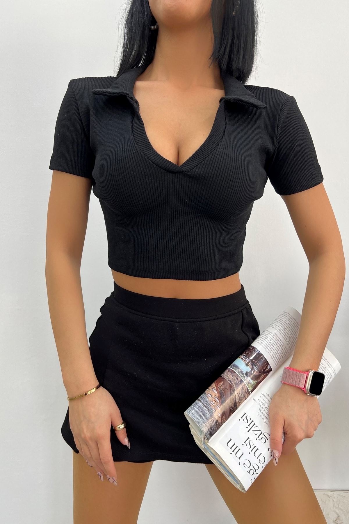 Üst Kalite 24/1 Kaşkorse %85 Pamuk Polo Yaka Crop Bluz