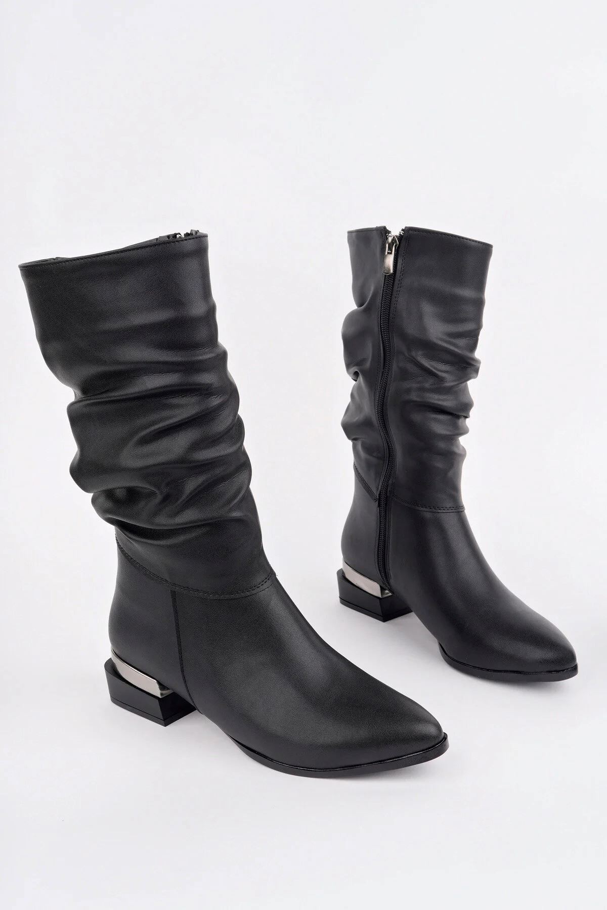 Kadın Siyah Körüklü Orta Topuk Fermuarlı Günlük & Şık Bot Çizme