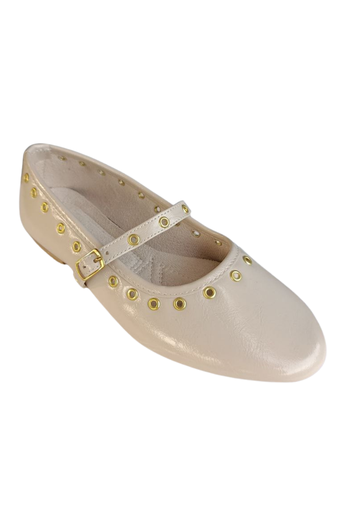 Kadın Bej Deri Görünümlü Kuşgözü Zımba Detaylı Mary Jane Rahat Babet - Tokalı Bantlı Günlük Ve Şık Düz Taban Ayakkabı