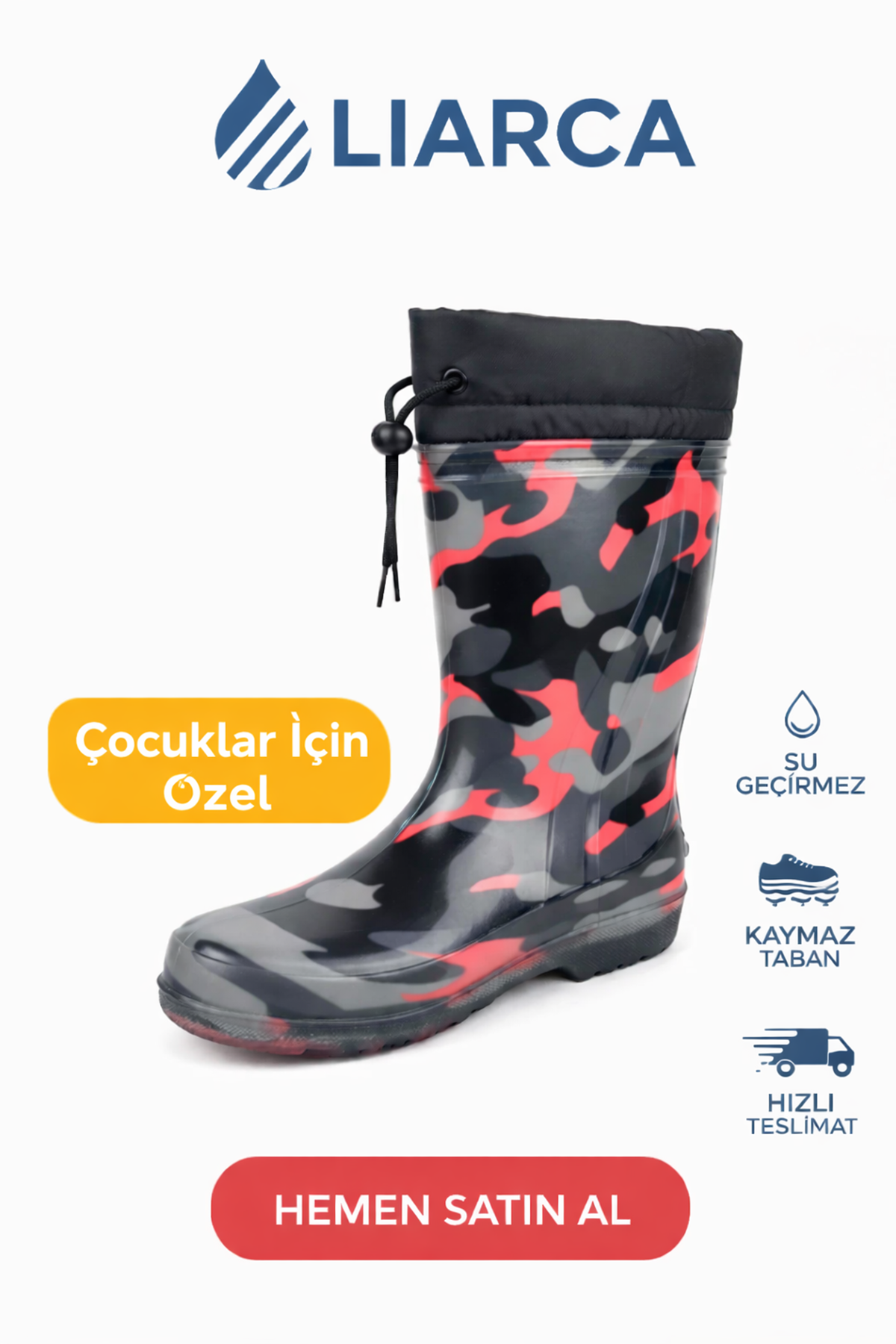 Çocuk Premium Su Geçirmez Yün Astarlı Yağmur ve Kar Raining Çizmesi Kaymaz Taban