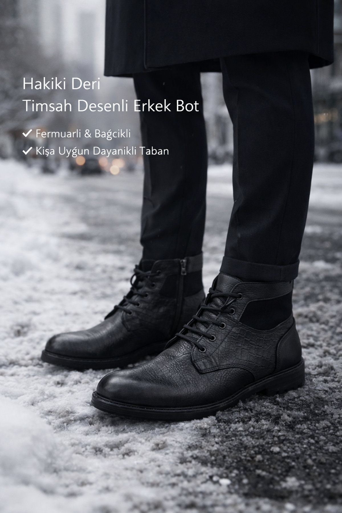 Timsah Desen Hakiki Deri Fermuarlı Soğuk Geçirmez Ped İşleme Baba Genç Klasik Tommy Tarz Bot