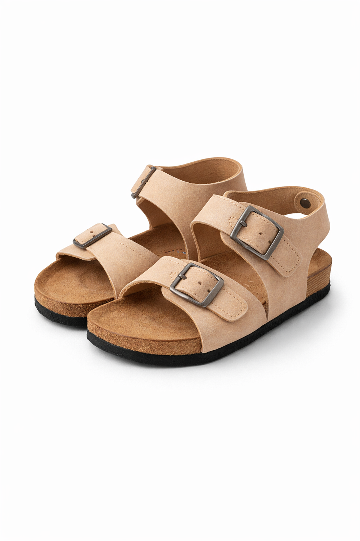 MiniStep Premium Çift Tokalı Çocuk Sandalet Kaymaz Taban – Krem Süet 