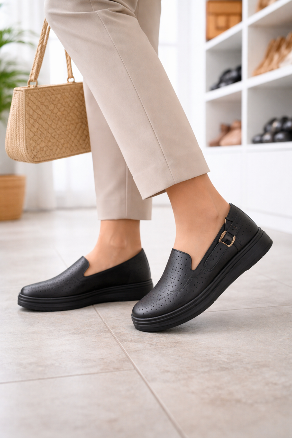 Siyah İnce Taban Kadın Günlük Comfort Ayakkabı – Kaymaz Taban 