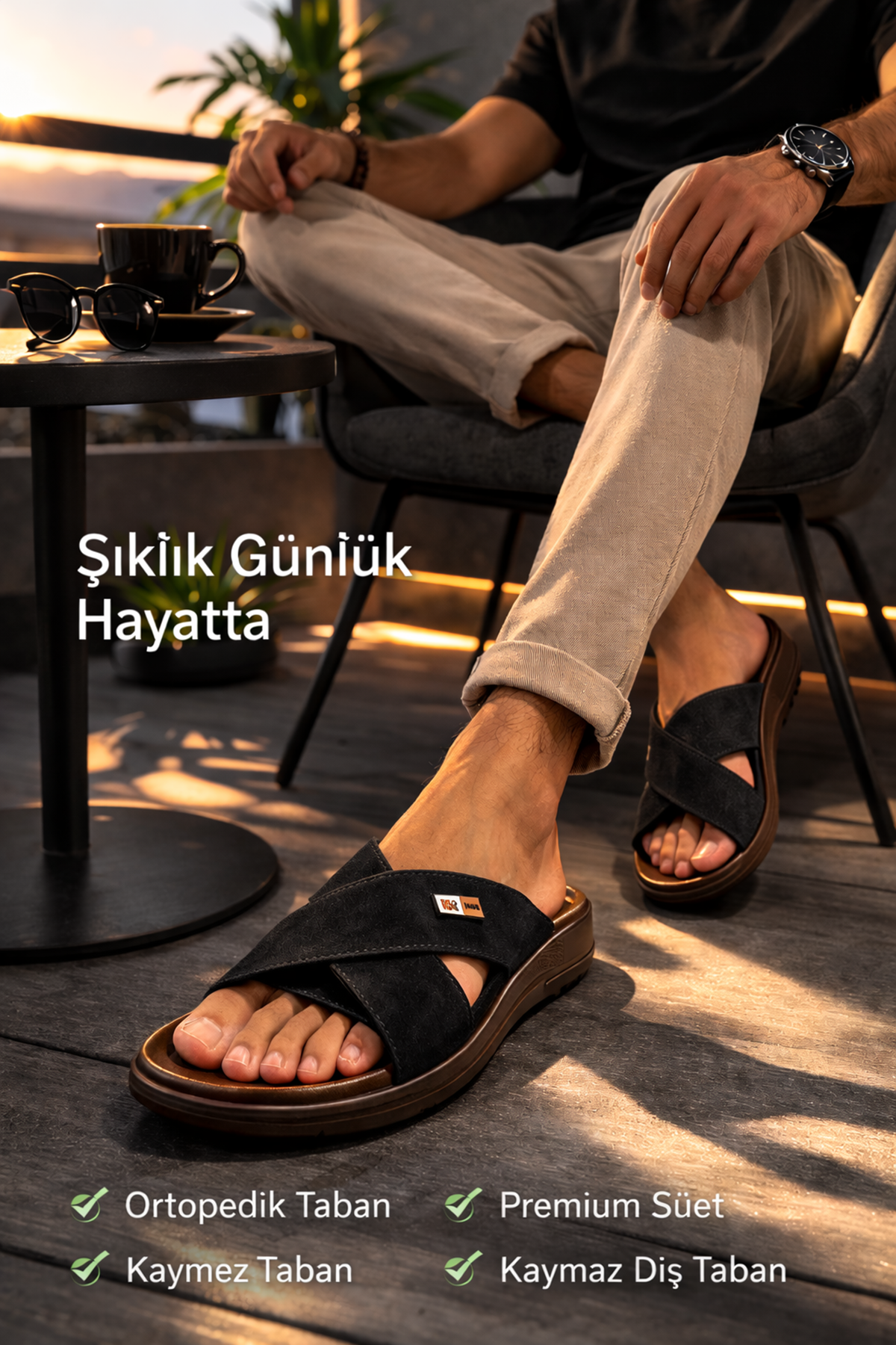 Yumuşak Deri Çapraz Bantlı Anatomik Erkek Terliği – Kaymaz Taban