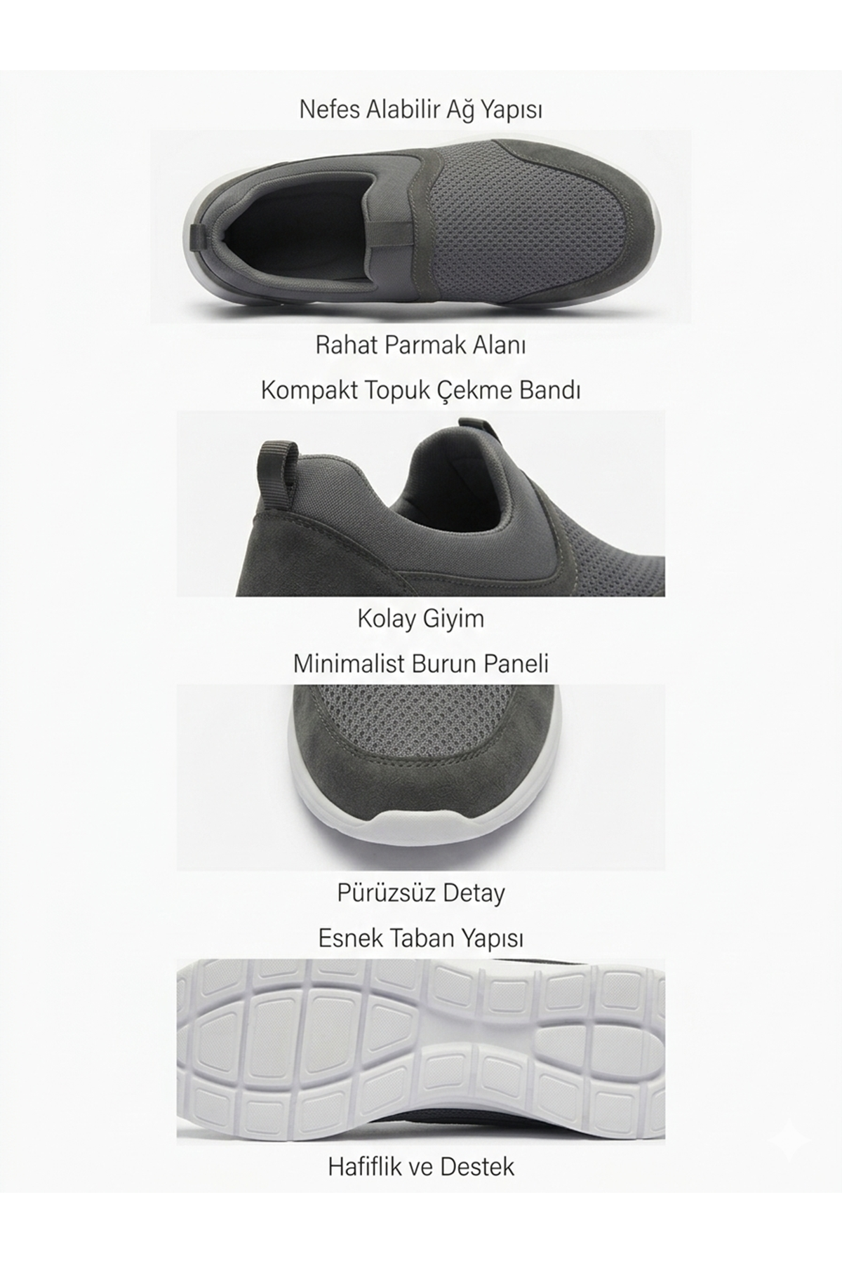 Kadın Erkek  Unisex Ortopedik Bağcıksız Nefes Alabilen Hafif Yürüyüş Sneaker Füme Renk Spor Ayakkabı