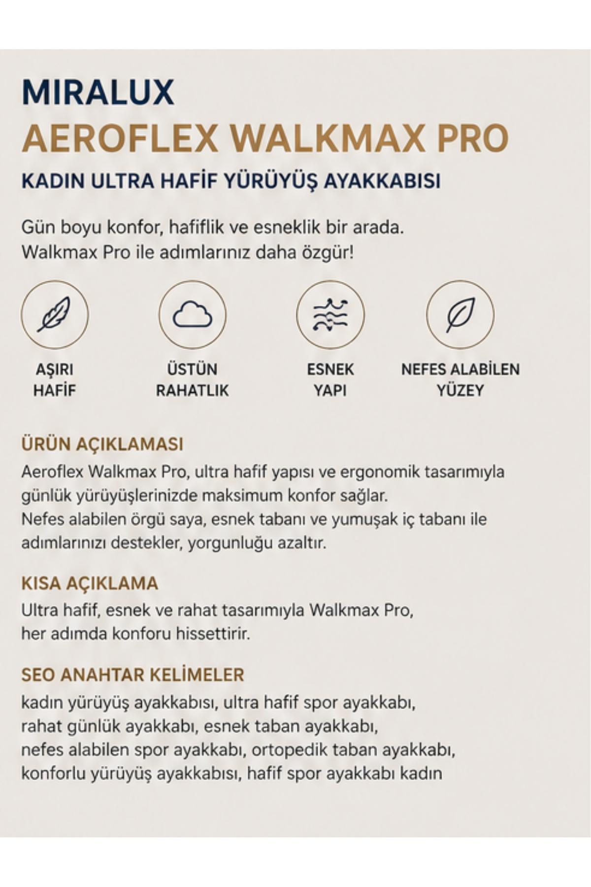 Walkmax Pro Bej Kadın Ultra Hafif Ekstra Rahat Ortopedik Nefes Alabilen Günlük Yürüyüş Ayakkabısı