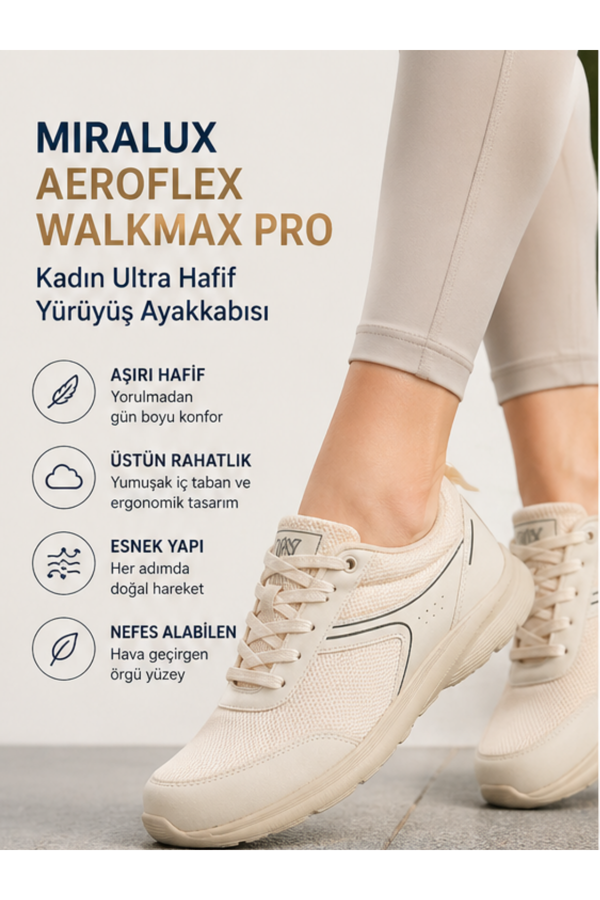 Walkmax Pro Bej Kadın Ultra Hafif Ekstra Rahat Ortopedik Nefes Alabilen Günlük Yürüyüş Ayakkabısı
