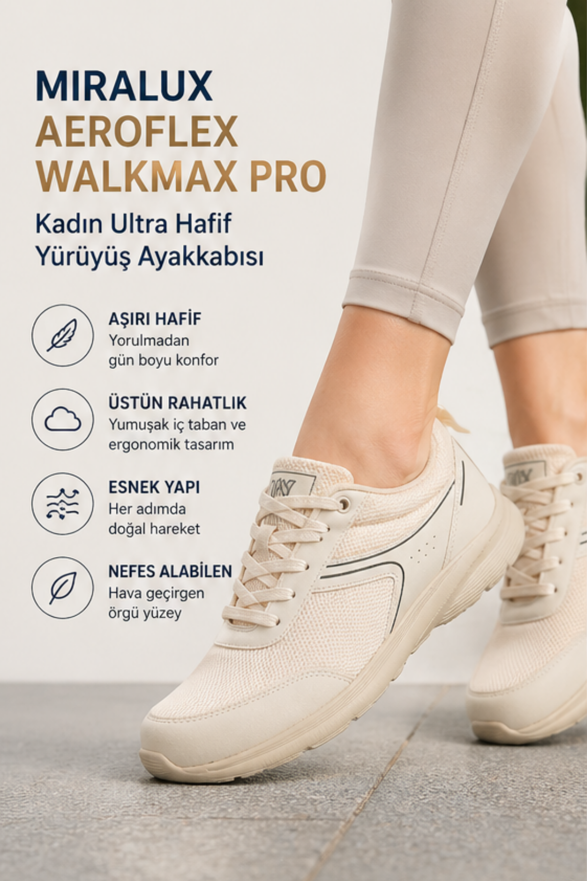 Walkmax Pro Bej Kadın Ultra Hafif Ekstra Rahat Ortopedik Nefes Alabilen Günlük Yürüyüş Ayakkabısı