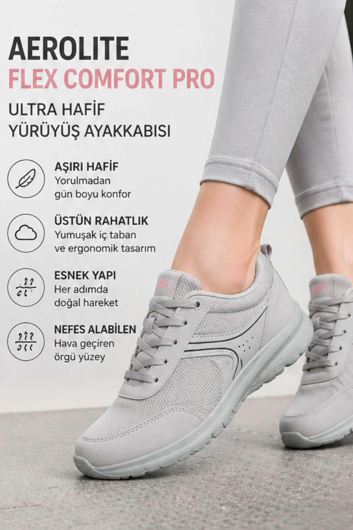 Walkmax Pro Buz Gri Kadın Ultra Hafif Ekstra Rahat Ortopedik Nefes Alabilen Günlük Yürüyüş Ayakkabısı