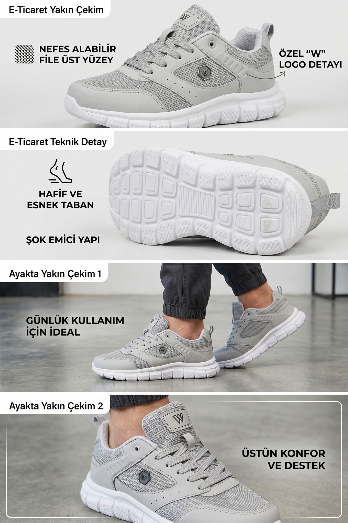 AEROSTRIDE Flex Ultra Comfort Max Buz Gri Unisex Spor Ayakkabı Hafif Nefes Alabilen Günlük Rahat Yürüyüş Sneaker