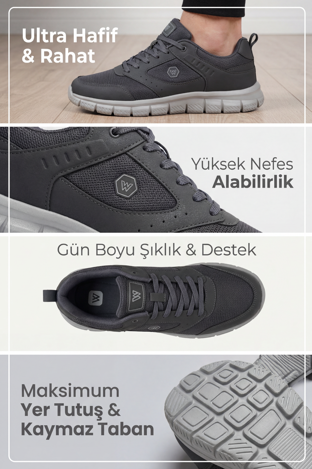 AEROSTRIDE Flex Ultra Comfort Max Füme-Gri Unisex Spor Ayakkabı Hafif Nefes Alabilen Günlük Rahat Yürüyüş Sneaker