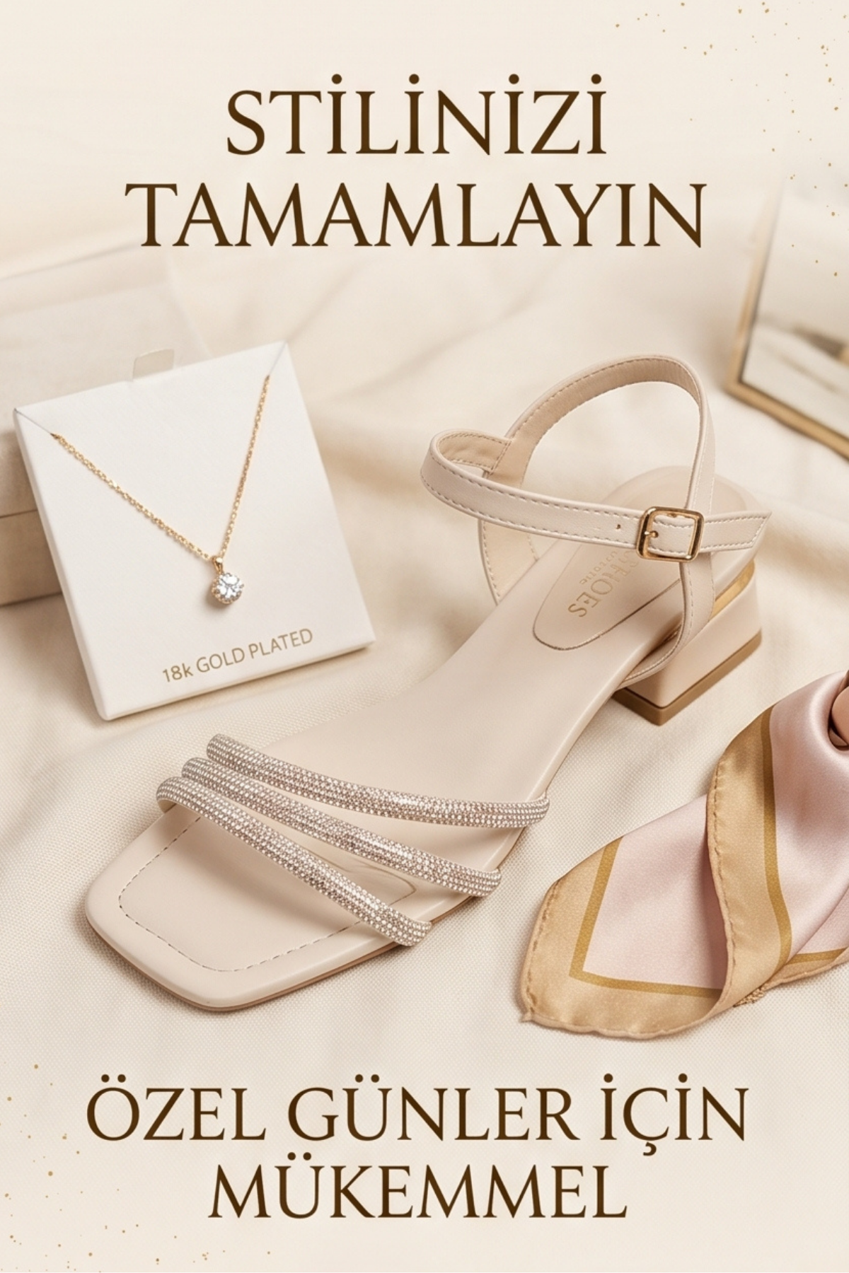 Crystal Shine Krem Rengi Taş Detaylı Minimal Topuklu Kadın Sandalet – Zarif Şıklığın Modern Yorumu