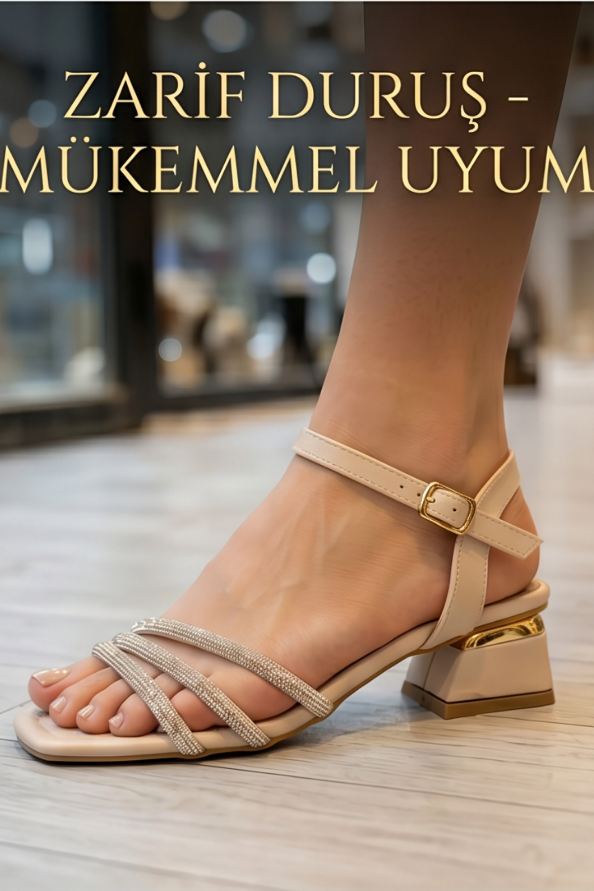 Crystal Shine Krem Rengi Taş Detaylı Minimal Topuklu Kadın Sandalet – Zarif Şıklığın Modern Yorumu